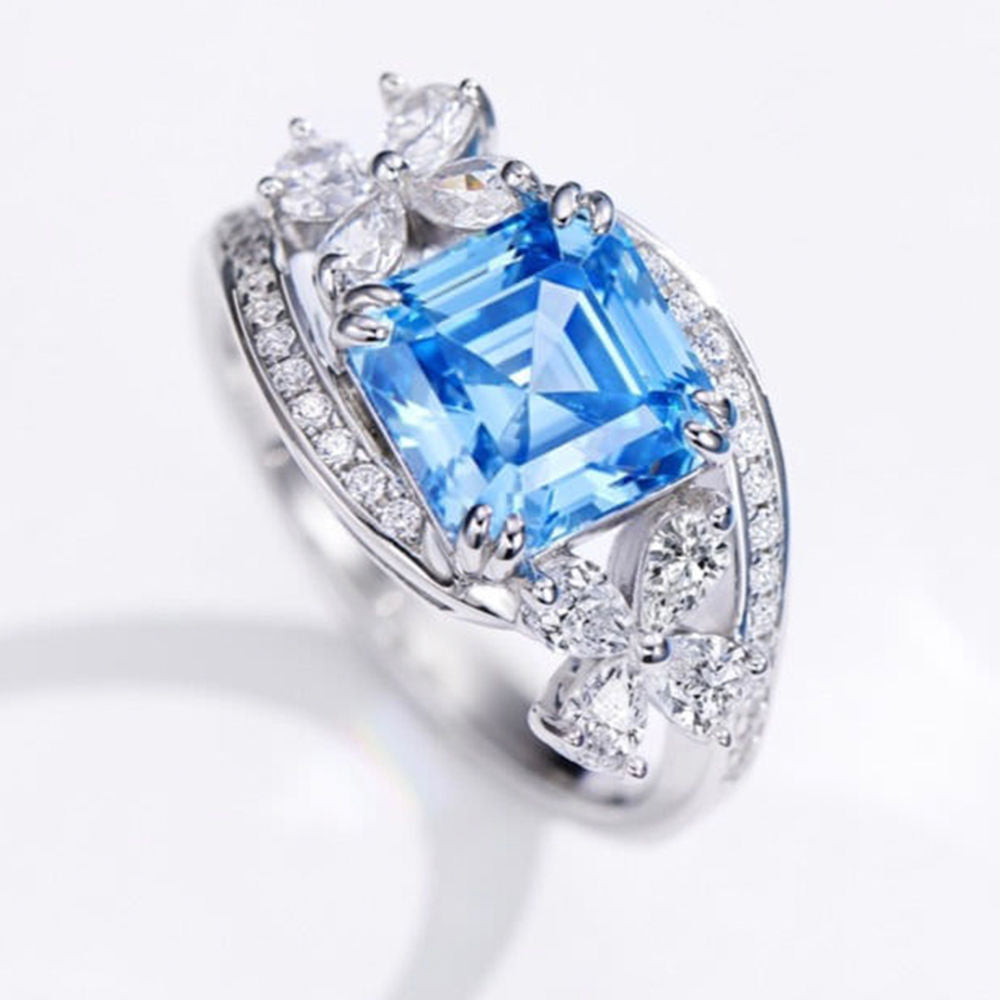 Double Flower Aquamarine Ring For Women Jewelry