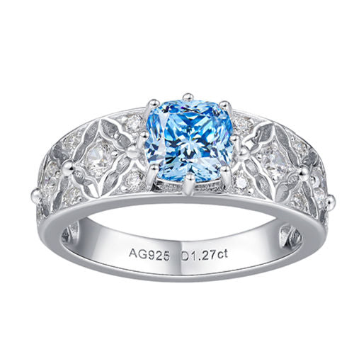 Blue Cushion-Shaped Diamond Ring For Women Jewelry