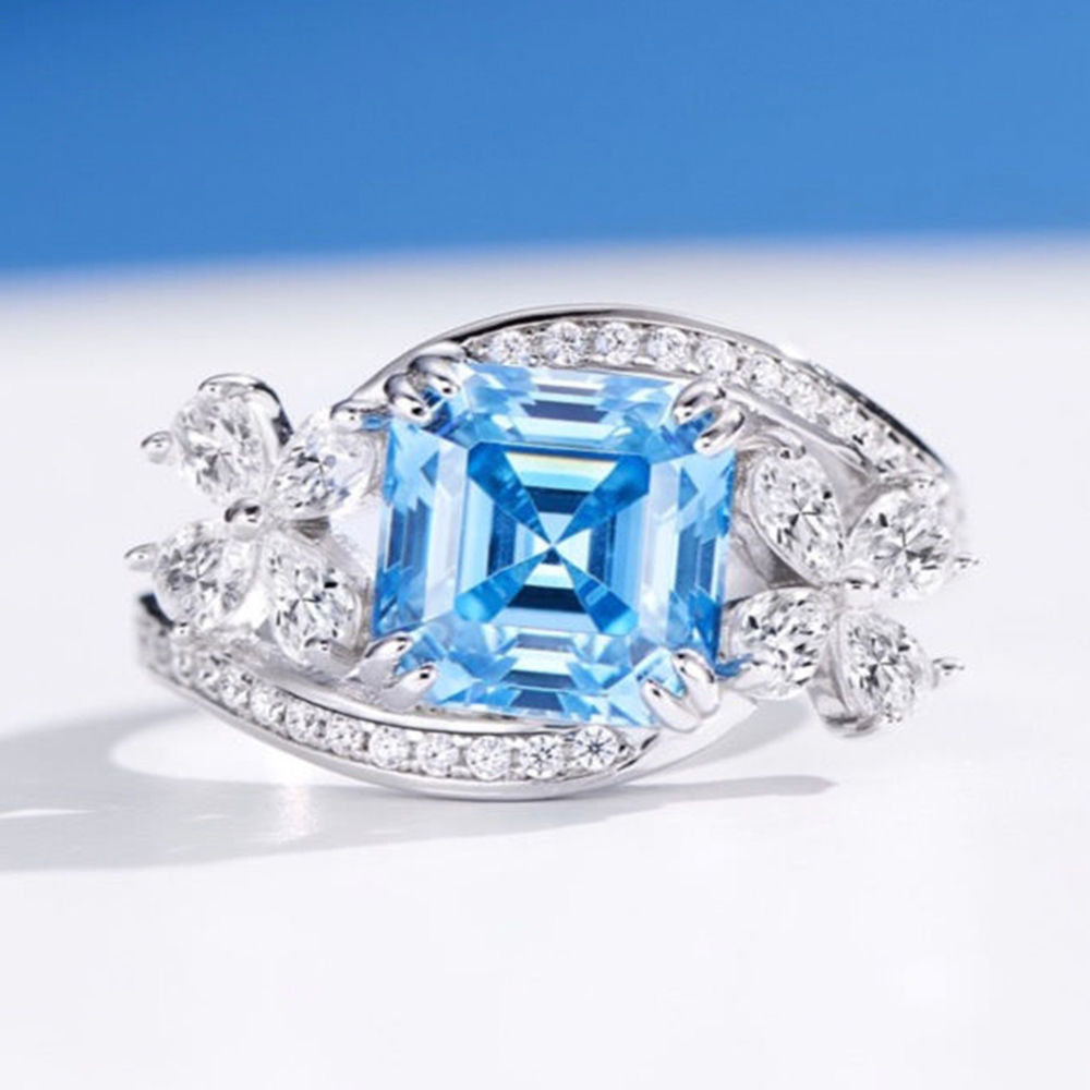 Double Flower Aquamarine Ring For Women Jewelry