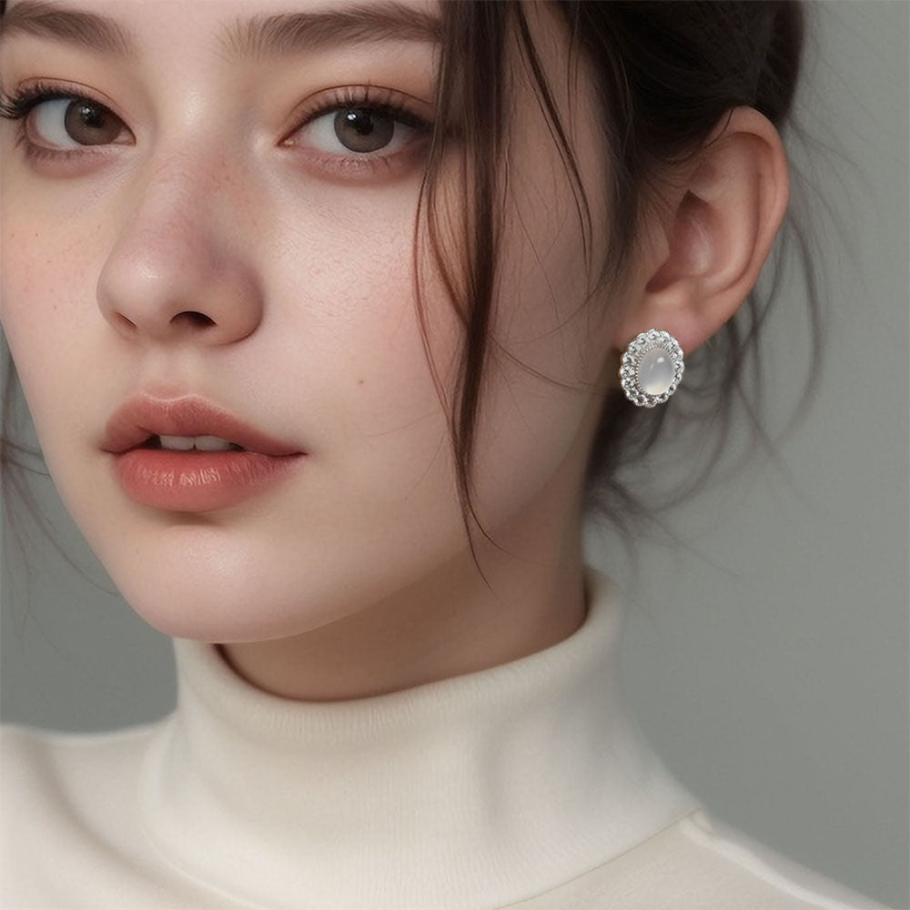 White Chalcedony Stud Earrings For Women Jewelry