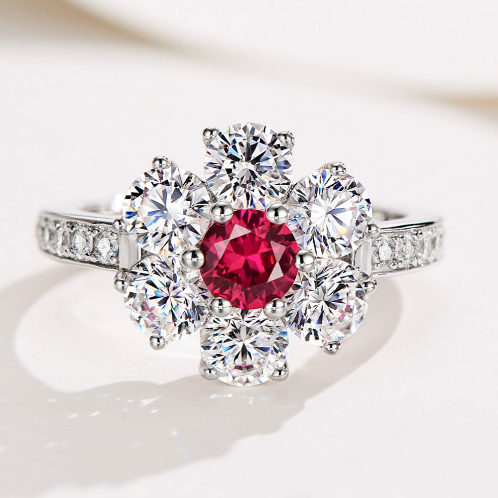 Ruby Flower Diamond Ring For Women Jewelry